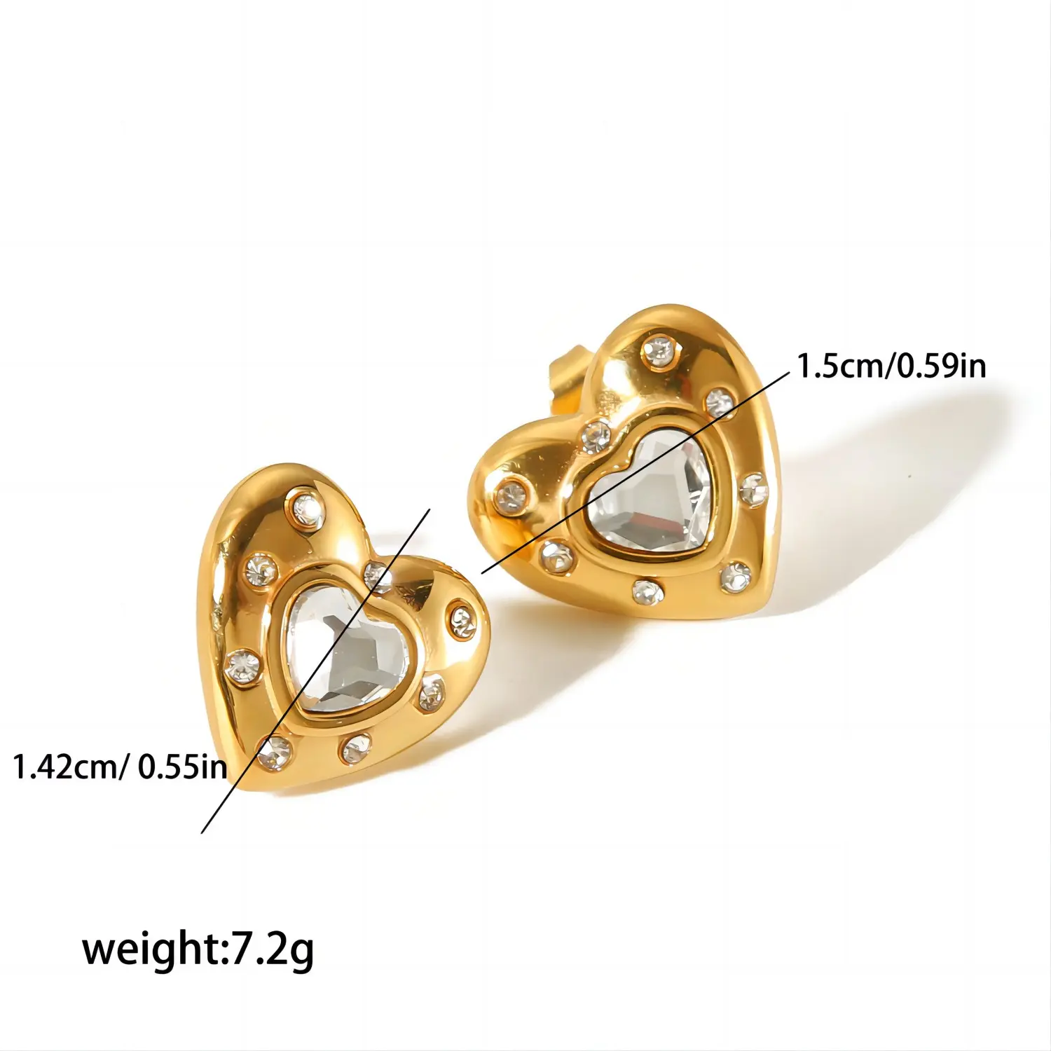 1 par de pendientes de botón con forma de corazón, geométricos, de acero inoxidable, chapados en oro de 18 quilates, con incrustaciones de diamantes de imitación para mujer h5 Imagen2